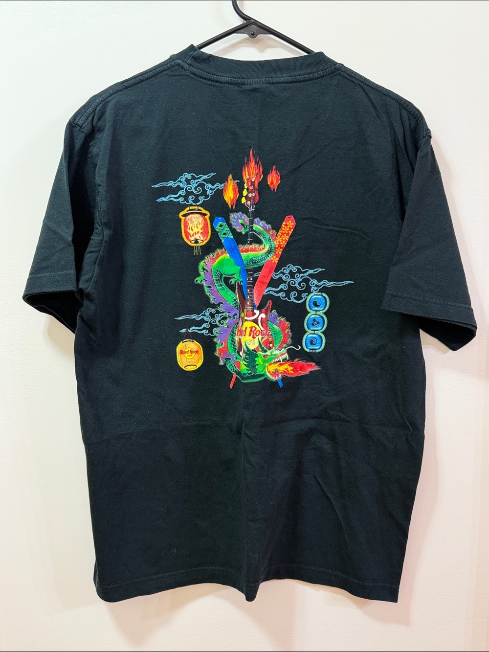 Hard Rock Cafe Singapore Black Tee with Neon Dragon & Guitar Graphic